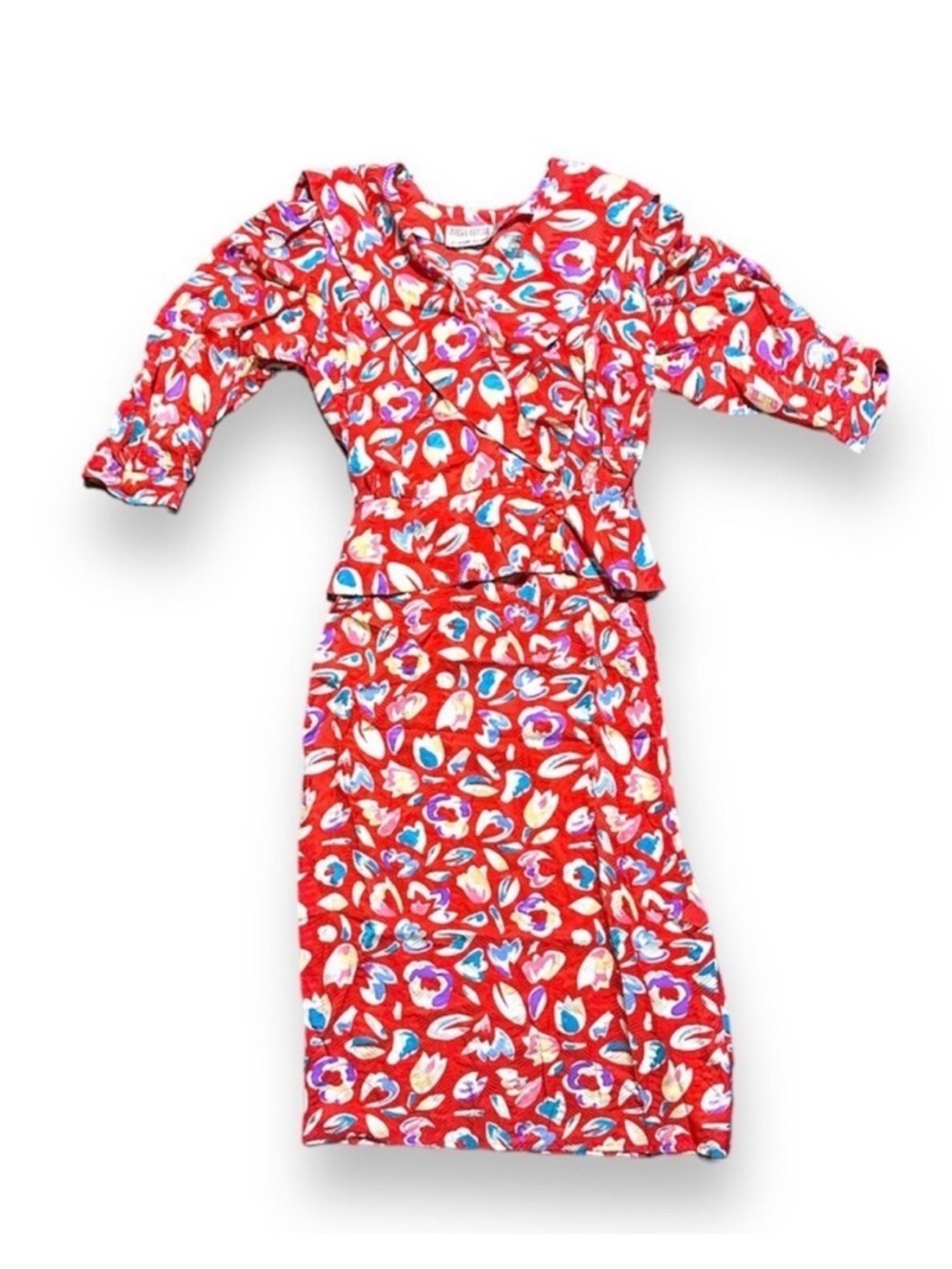 Vintage 80s Maggy London Red Satin Floral Abstract Skirt Suit Set Womens Size 10